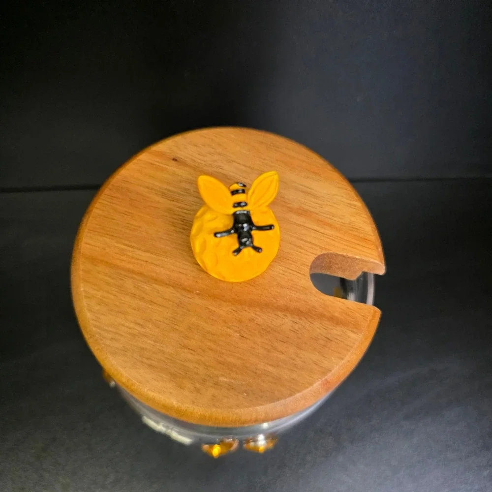 Honey Jar Small Clear Yellow Bee Daisy Glass Wood Lid Decor Cottagecore Honey